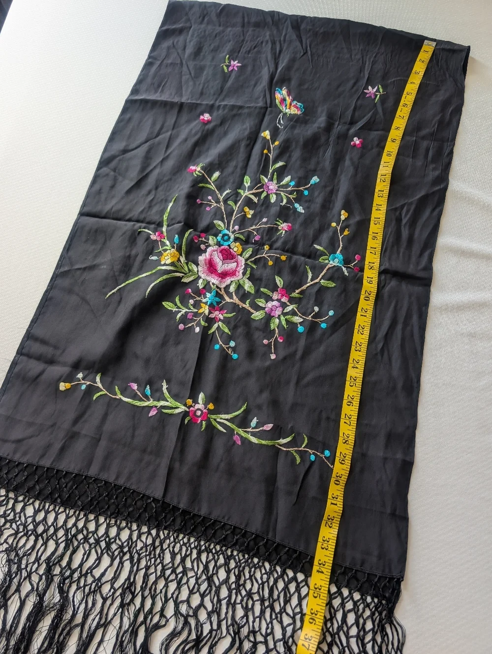 Embroidered Floral Scarf Shawl Black 100% Silk Tassel Women's Accessory - Picture 6 of 16